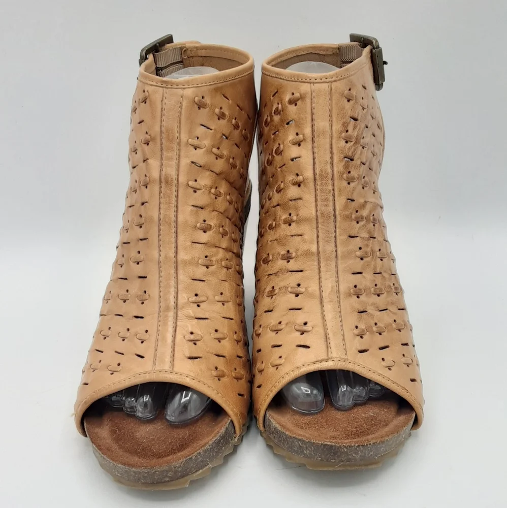 Diba True Leather Boho Tan Perforated Wedge Sandals.